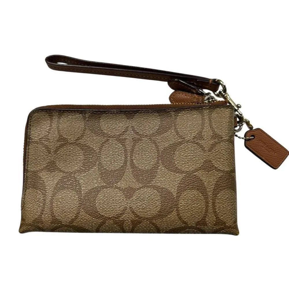 Coach Signature Brown Coated Canvas Double Zip Corner Wristlet Clutch Brown Tan - Picture 2 of 10